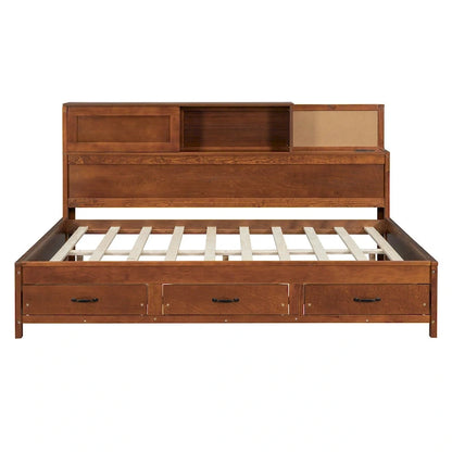 Lit capitaine tout-en-un avec prises et ports USB intégrés, méridienne en bois, 3 tiroirs inférieurs et armoire de rangement supérieure à ouverture par pression.