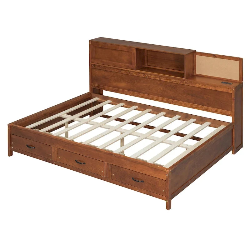 Lit capitaine tout-en-un avec prises et ports USB intégrés, méridienne en bois, 3 tiroirs inférieurs et armoire de rangement supérieure à ouverture par pression.