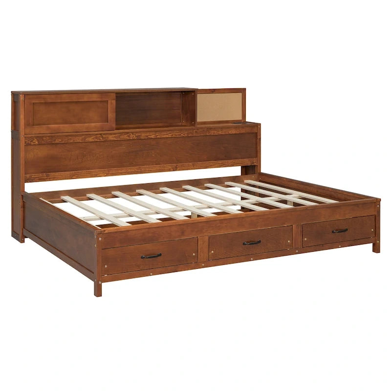 Lit capitaine tout-en-un avec prises et ports USB intégrés, méridienne en bois, 3 tiroirs inférieurs et armoire de rangement supérieure à ouverture par pression.