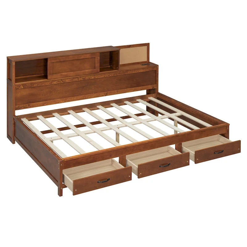 Lit capitaine tout-en-un avec prises et ports USB intégrés, méridienne en bois, 3 tiroirs inférieurs et armoire de rangement supérieure à ouverture par pression.
