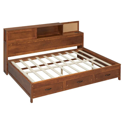 Lit capitaine tout-en-un avec prises et ports USB intégrés, méridienne en bois, 3 tiroirs inférieurs et armoire de rangement supérieure à ouverture par pression.