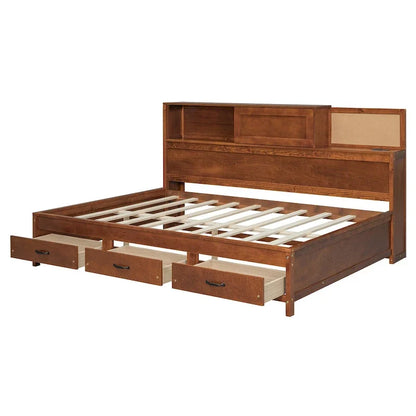 Lit capitaine tout-en-un avec prises et ports USB intégrés, méridienne en bois, 3 tiroirs inférieurs et armoire de rangement supérieure à ouverture par pression.