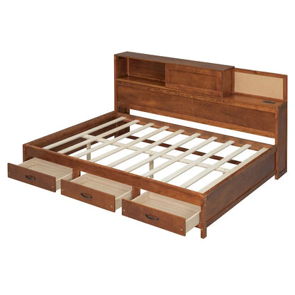 Lit capitaine tout-en-un avec prises et ports USB intégrés, méridienne en bois, 3 tiroirs inférieurs et armoire de rangement supérieure à ouverture par pression.