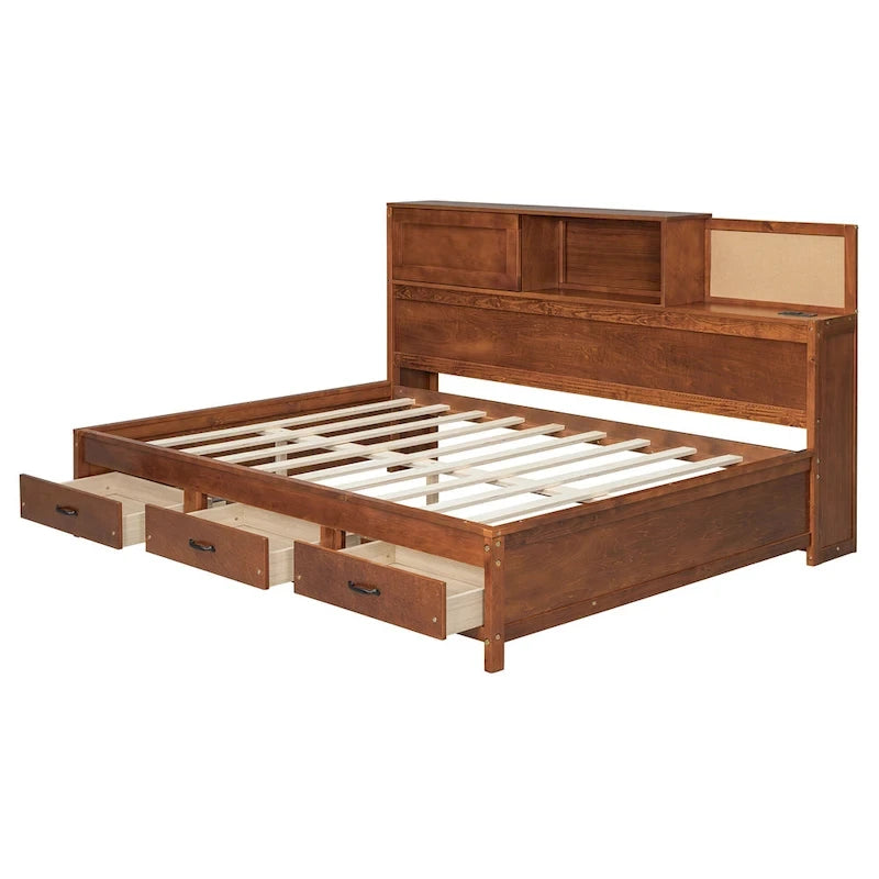 Lit capitaine tout-en-un avec prises et ports USB intégrés, méridienne en bois, 3 tiroirs inférieurs et armoire de rangement supérieure à ouverture par pression.