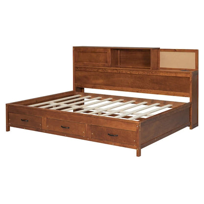 Lit capitaine tout-en-un avec prises et ports USB intégrés, méridienne en bois, 3 tiroirs inférieurs et armoire de rangement supérieure à ouverture par pression.