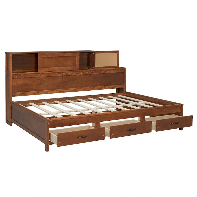 Lit capitaine tout-en-un avec prises et ports USB intégrés, méridienne en bois, 3 tiroirs inférieurs et armoire de rangement supérieure à ouverture par pression.