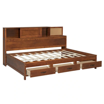 Lit capitaine tout-en-un avec prises et ports USB intégrés, méridienne en bois, 3 tiroirs inférieurs et armoire de rangement supérieure à ouverture par pression.
