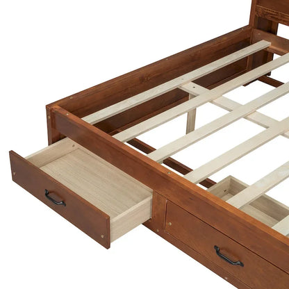 Lit capitaine tout-en-un avec prises et ports USB intégrés, méridienne en bois, 3 tiroirs inférieurs et armoire de rangement supérieure à ouverture par pression.