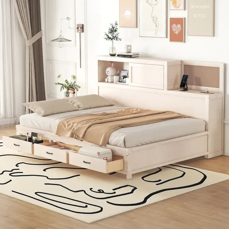 Lit capitaine tout-en-un avec prises et ports USB intégrés, méridienne en bois, 3 tiroirs inférieurs et armoire de rangement supérieure à ouverture par pression.
