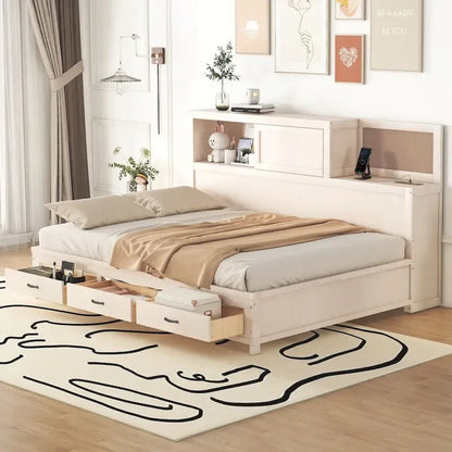 Lit capitaine tout-en-un avec prises et ports USB intégrés, méridienne en bois, 3 tiroirs inférieurs et armoire de rangement supérieure à ouverture par pression.