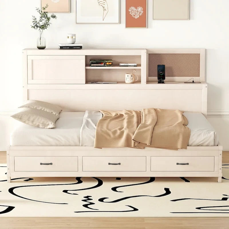Lit capitaine tout-en-un avec prises et ports USB intégrés, méridienne en bois, 3 tiroirs inférieurs et armoire de rangement supérieure à ouverture par pression.