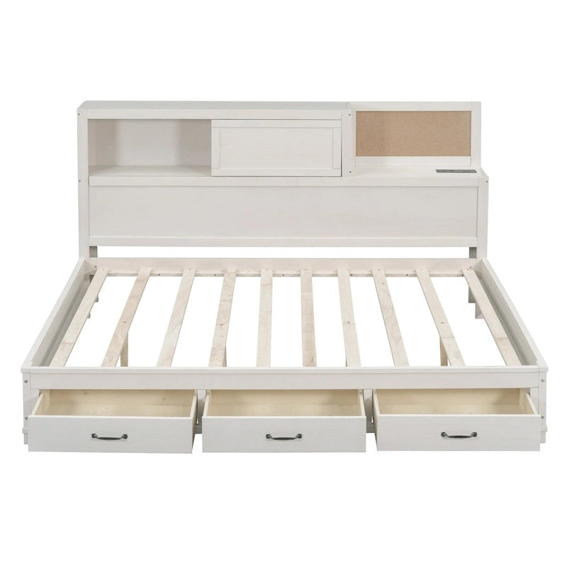 Lit capitaine tout-en-un avec prises et ports USB intégrés, méridienne en bois, 3 tiroirs inférieurs et armoire de rangement supérieure à ouverture par pression.