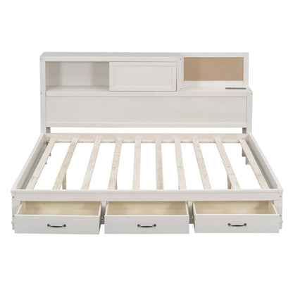 Lit capitaine tout-en-un avec prises et ports USB intégrés, méridienne en bois, 3 tiroirs inférieurs et armoire de rangement supérieure à ouverture par pression.