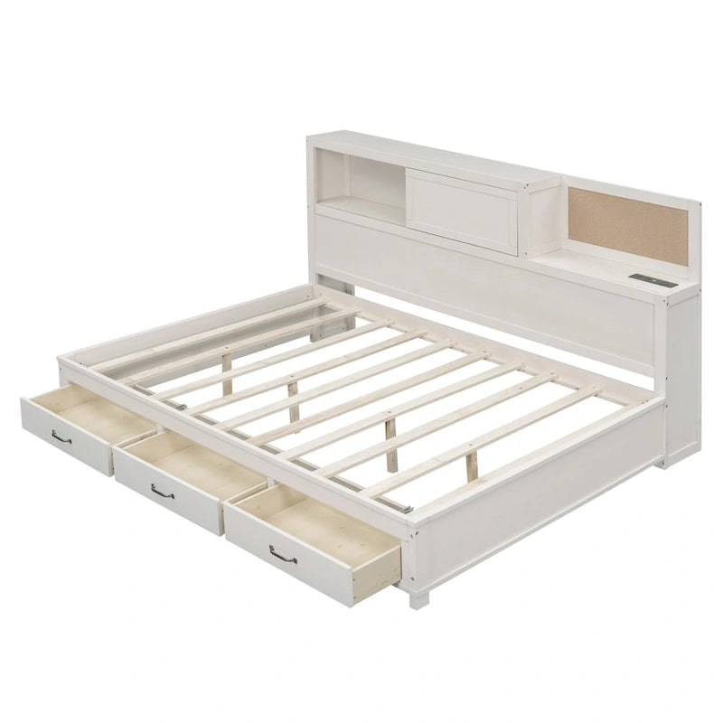 Lit capitaine tout-en-un avec prises et ports USB intégrés, méridienne en bois, 3 tiroirs inférieurs et armoire de rangement supérieure à ouverture par pression.