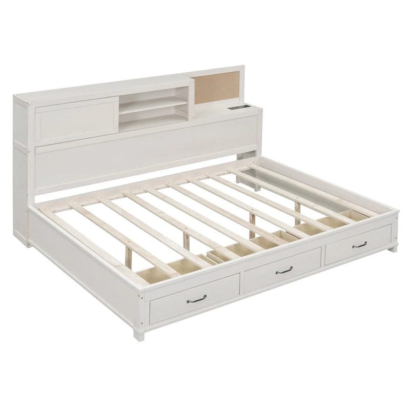Lit capitaine tout-en-un avec prises et ports USB intégrés, méridienne en bois, 3 tiroirs inférieurs et armoire de rangement supérieure à ouverture par pression.