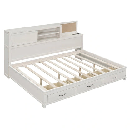 Lit capitaine tout-en-un avec prises et ports USB intégrés, méridienne en bois, 3 tiroirs inférieurs et armoire de rangement supérieure à ouverture par pression.