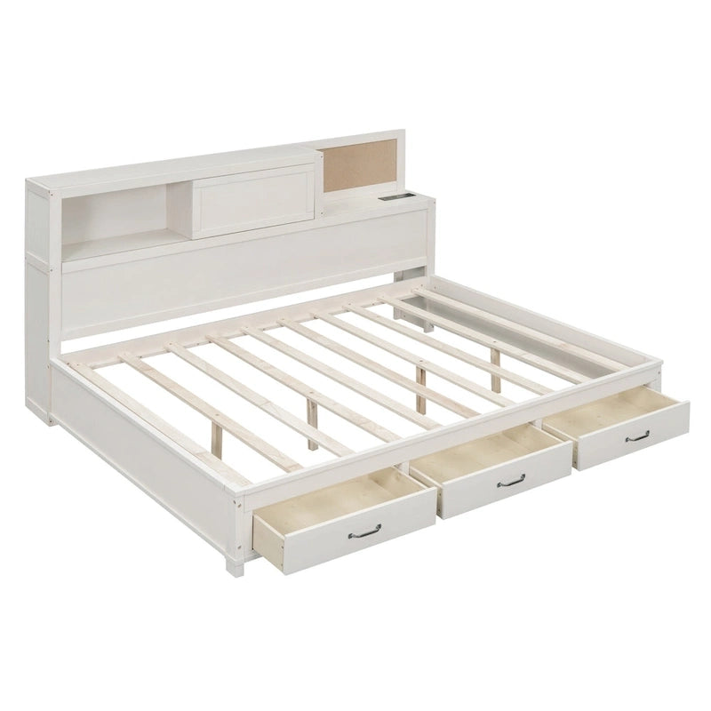 Lit capitaine tout-en-un avec prises et ports USB intégrés, méridienne en bois, 3 tiroirs inférieurs et armoire de rangement supérieure à ouverture par pression.
