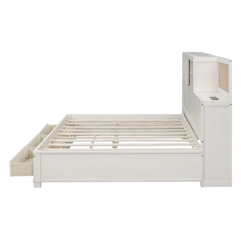 Lit capitaine tout-en-un avec prises et ports USB intégrés, méridienne en bois, 3 tiroirs inférieurs et armoire de rangement supérieure à ouverture par pression.