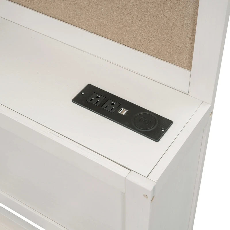 Lit capitaine tout-en-un avec prises et ports USB intégrés, méridienne en bois, 3 tiroirs inférieurs et armoire de rangement supérieure à ouverture par pression.