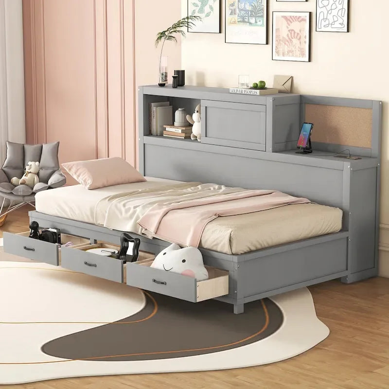 Lit capitaine tout-en-un avec prises et ports USB intégrés, méridienne en bois, 3 tiroirs inférieurs et armoire de rangement supérieure à ouverture par pression.