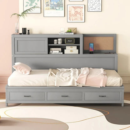 Lit capitaine tout-en-un avec prises et ports USB intégrés, méridienne en bois, 3 tiroirs inférieurs et armoire de rangement supérieure à ouverture par pression.