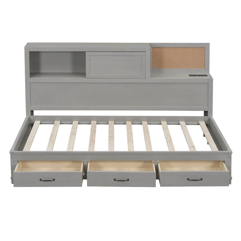 Lit capitaine tout-en-un avec prises et ports USB intégrés, méridienne en bois, 3 tiroirs inférieurs et armoire de rangement supérieure à ouverture par pression.