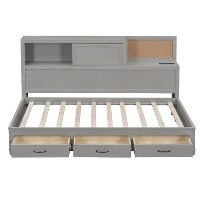 Lit capitaine tout-en-un avec prises et ports USB intégrés, méridienne en bois, 3 tiroirs inférieurs et armoire de rangement supérieure à ouverture par pression.