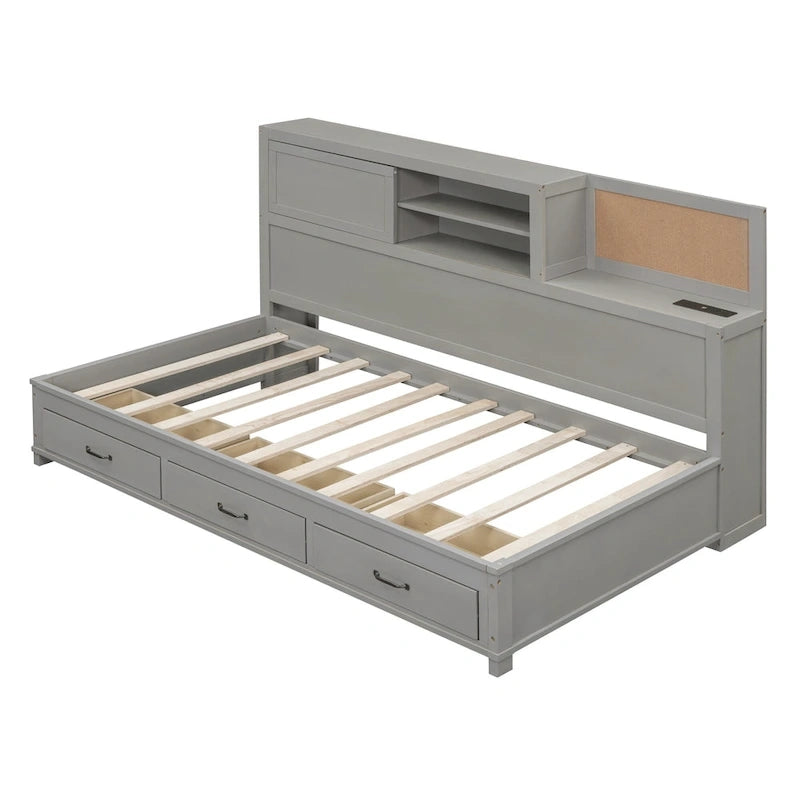 Lit capitaine tout-en-un avec prises et ports USB intégrés, méridienne en bois, 3 tiroirs inférieurs et armoire de rangement supérieure à ouverture par pression.