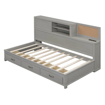 Lit capitaine tout-en-un avec prises et ports USB intégrés, méridienne en bois, 3 tiroirs inférieurs et armoire de rangement supérieure à ouverture par pression.