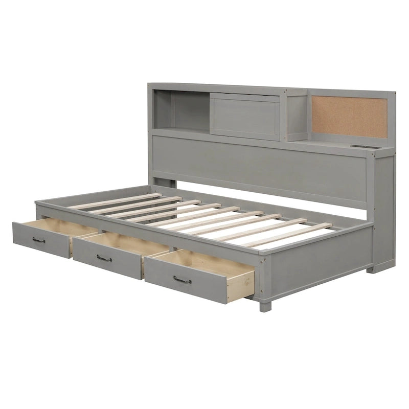 Lit capitaine tout-en-un avec prises et ports USB intégrés, méridienne en bois, 3 tiroirs inférieurs et armoire de rangement supérieure à ouverture par pression.