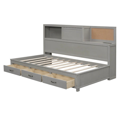 Lit capitaine tout-en-un avec prises et ports USB intégrés, méridienne en bois, 3 tiroirs inférieurs et armoire de rangement supérieure à ouverture par pression.