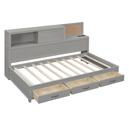 Lit capitaine tout-en-un avec prises et ports USB intégrés, méridienne en bois, 3 tiroirs inférieurs et armoire de rangement supérieure à ouverture par pression.