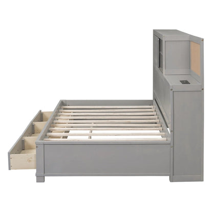 Lit capitaine tout-en-un avec prises et ports USB intégrés, méridienne en bois, 3 tiroirs inférieurs et armoire de rangement supérieure à ouverture par pression.