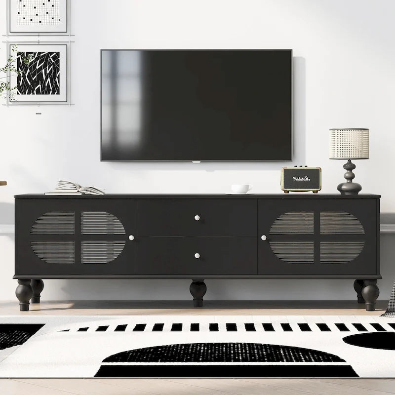 Meuble TV minimaliste moderne avec 2 placards de rangement, 2 tiroirs et système de gestion des câbles pour salon ou chambre.