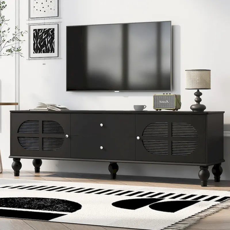 Meuble TV minimaliste moderne avec 2 placards de rangement, 2 tiroirs et système de gestion des câbles pour salon ou chambre.