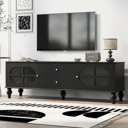 Meuble TV minimaliste moderne avec 2 placards de rangement, 2 tiroirs et système de gestion des câbles pour salon ou chambre.
