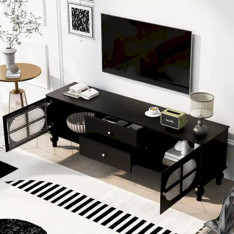 Meuble TV minimaliste moderne avec 2 placards de rangement, 2 tiroirs et système de gestion des câbles pour salon ou chambre.