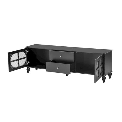 Meuble TV minimaliste moderne avec 2 placards de rangement, 2 tiroirs et système de gestion des câbles pour salon ou chambre.