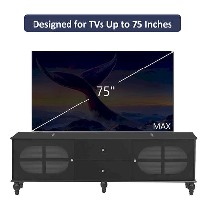 Meuble TV minimaliste moderne avec 2 placards de rangement, 2 tiroirs et système de gestion des câbles pour salon ou chambre.