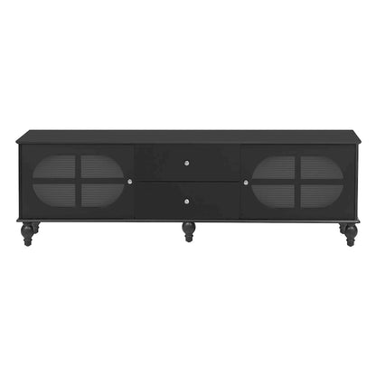 Meuble TV minimaliste moderne avec 2 placards de rangement, 2 tiroirs et système de gestion des câbles pour salon ou chambre.