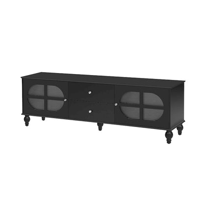 Meuble TV minimaliste moderne avec 2 placards de rangement, 2 tiroirs et système de gestion des câbles pour salon ou chambre.