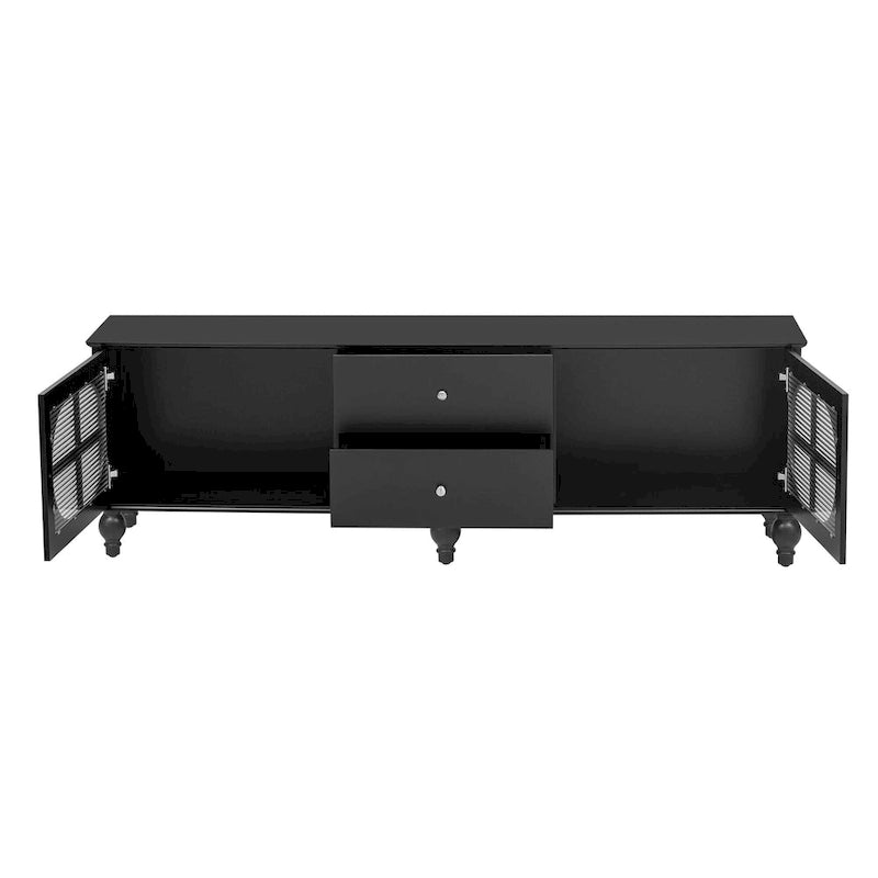 Meuble TV minimaliste moderne avec 2 placards de rangement, 2 tiroirs et système de gestion des câbles pour salon ou chambre.