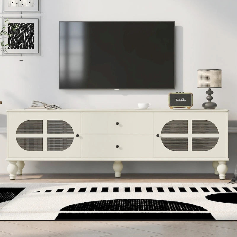 Meuble TV minimaliste moderne avec 2 placards de rangement, 2 tiroirs et système de gestion des câbles pour salon ou chambre.