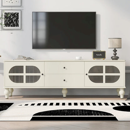 Meuble TV minimaliste moderne avec 2 placards de rangement, 2 tiroirs et système de gestion des câbles pour salon ou chambre.