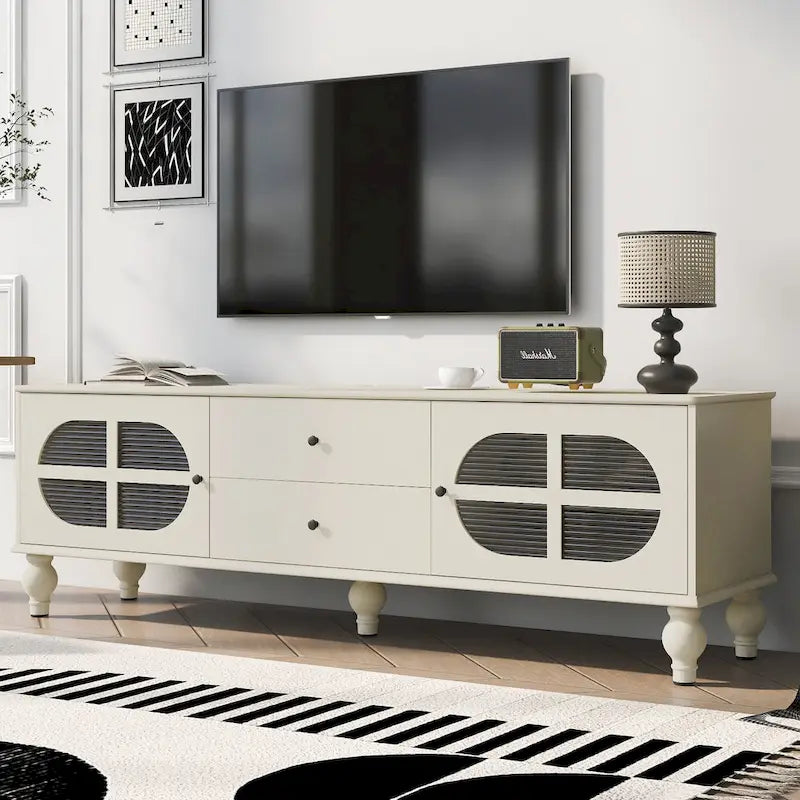 Meuble TV minimaliste moderne avec 2 placards de rangement, 2 tiroirs et système de gestion des câbles pour salon ou chambre.