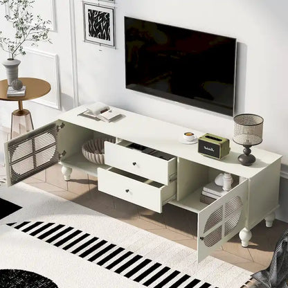 Meuble TV minimaliste moderne avec 2 placards de rangement, 2 tiroirs et système de gestion des câbles pour salon ou chambre.