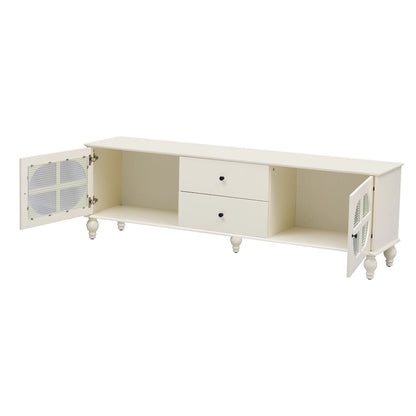 Meuble TV minimaliste moderne avec 2 placards de rangement, 2 tiroirs et système de gestion des câbles pour salon ou chambre.