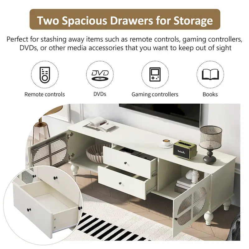 Meuble TV minimaliste moderne avec 2 placards de rangement, 2 tiroirs et système de gestion des câbles pour salon ou chambre.