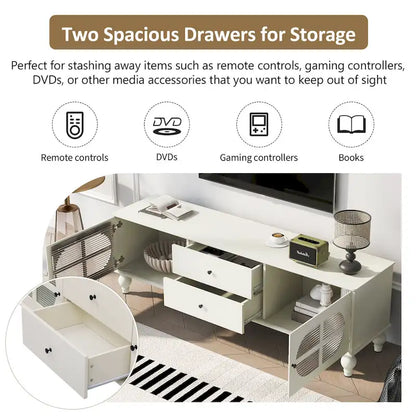 Meuble TV minimaliste moderne avec 2 placards de rangement, 2 tiroirs et système de gestion des câbles pour salon ou chambre.
