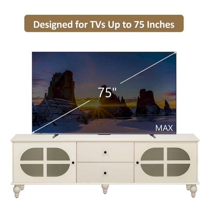 Meuble TV minimaliste moderne avec 2 placards de rangement, 2 tiroirs et système de gestion des câbles pour salon ou chambre.